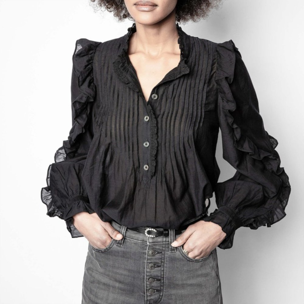NWT $378 Zadig & Voltaire Timmy Tomboy Ruffled Tunic Blouse Shirt Black